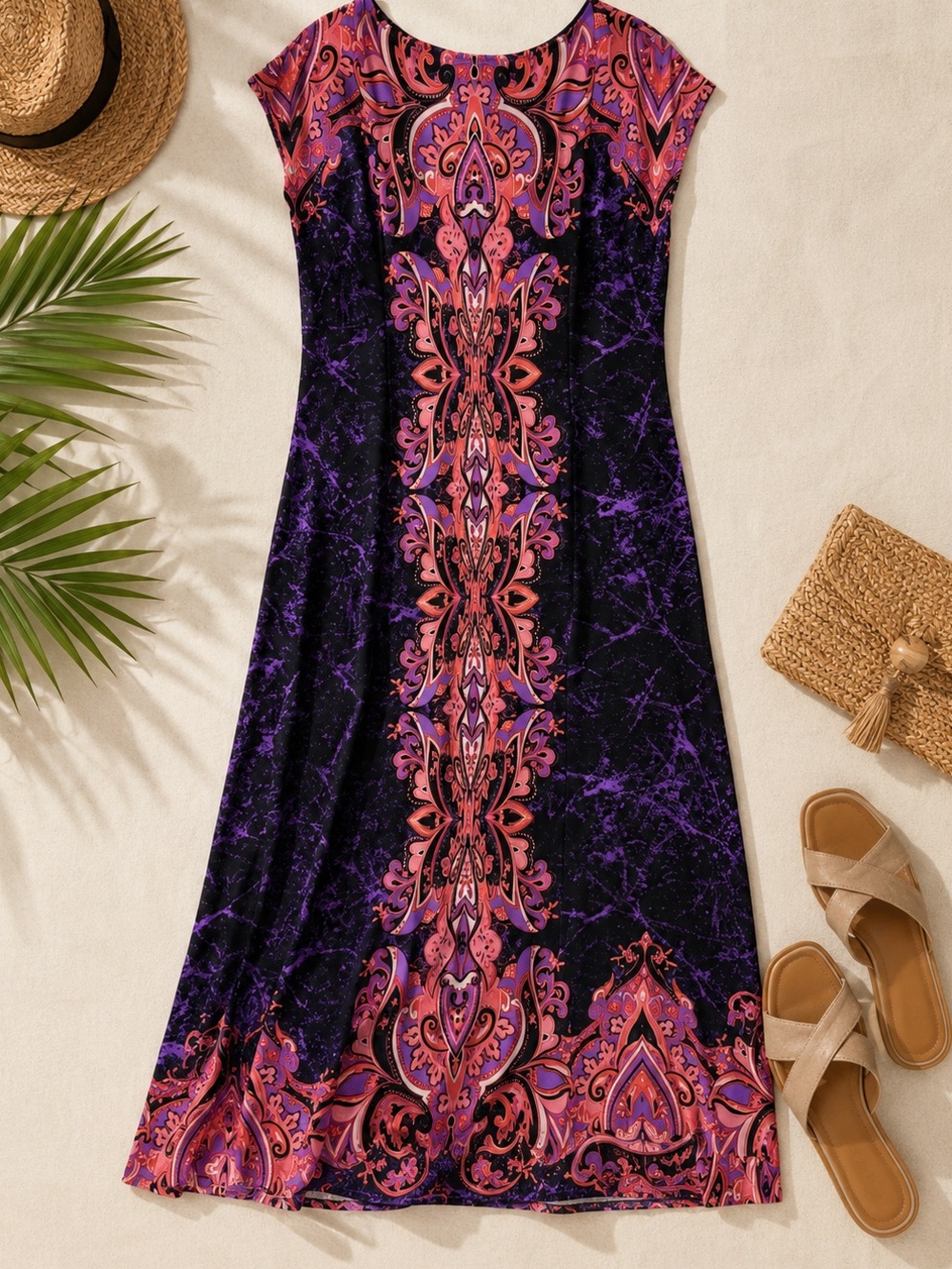 Bob Mackie Wearable Art Maxi Dress M Purple Pink Geometric Abstract Stretch